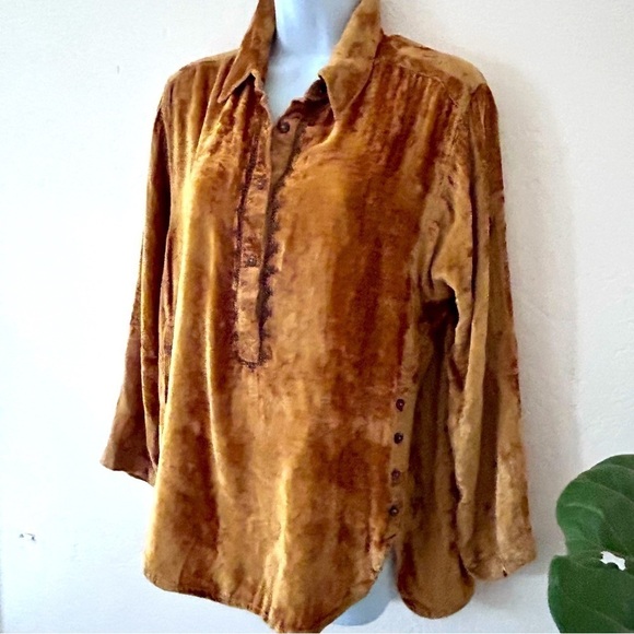 TRU LUXE Washed Velvet Embroidered Placard Button Neck Tunic Gold Long Sleeve S - Picture 3 of 9